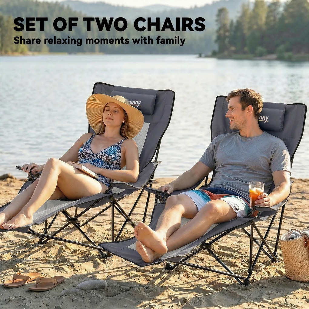Outsunny Zestaw 2 składanych krzeseł kempingowych z regulowanym oparciem, podnóżkiem, uchwytem na napoje i zagłówkiem, ciemnoszary | Aosom PL