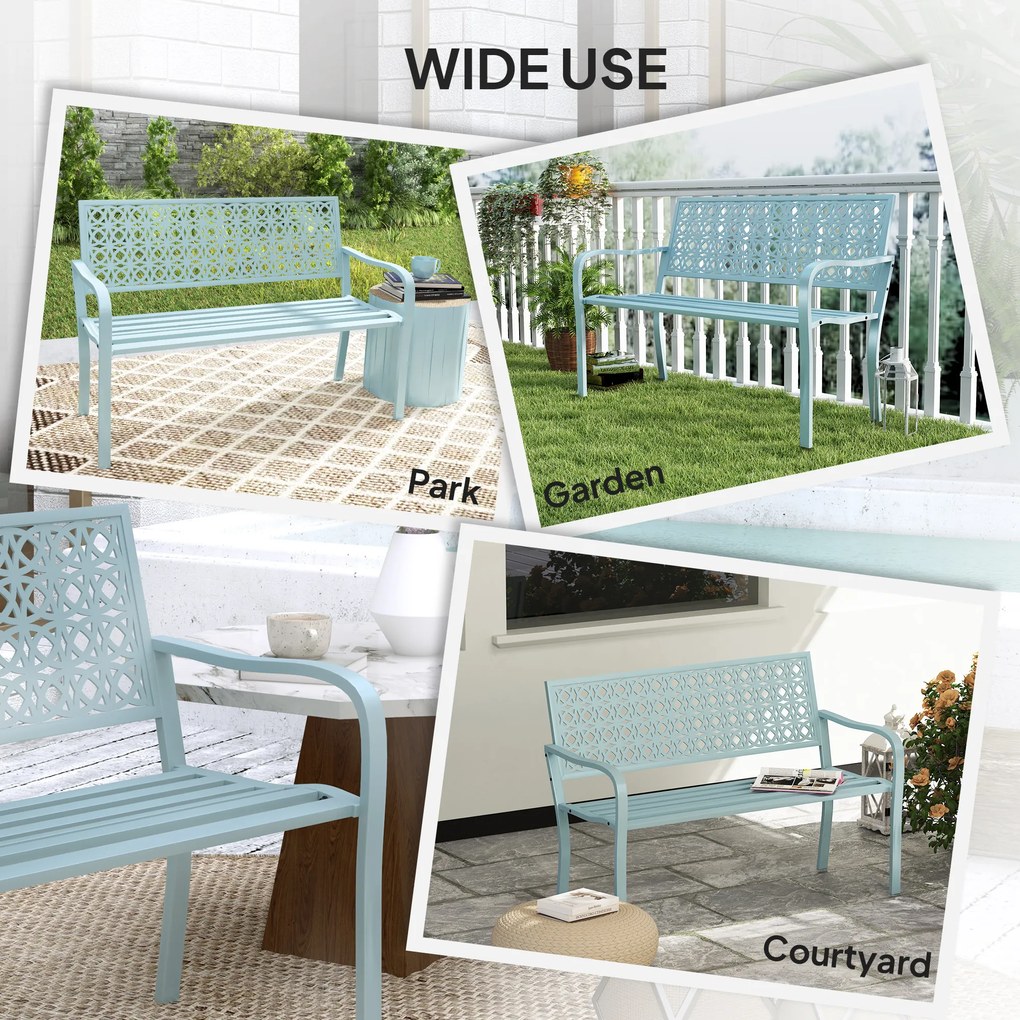 Outsunny Zewnętrzna Ławka Ogrodowa z Stali, Wycięte Oparcie, Podłokietniki, dla 2 Osób, Niebieska