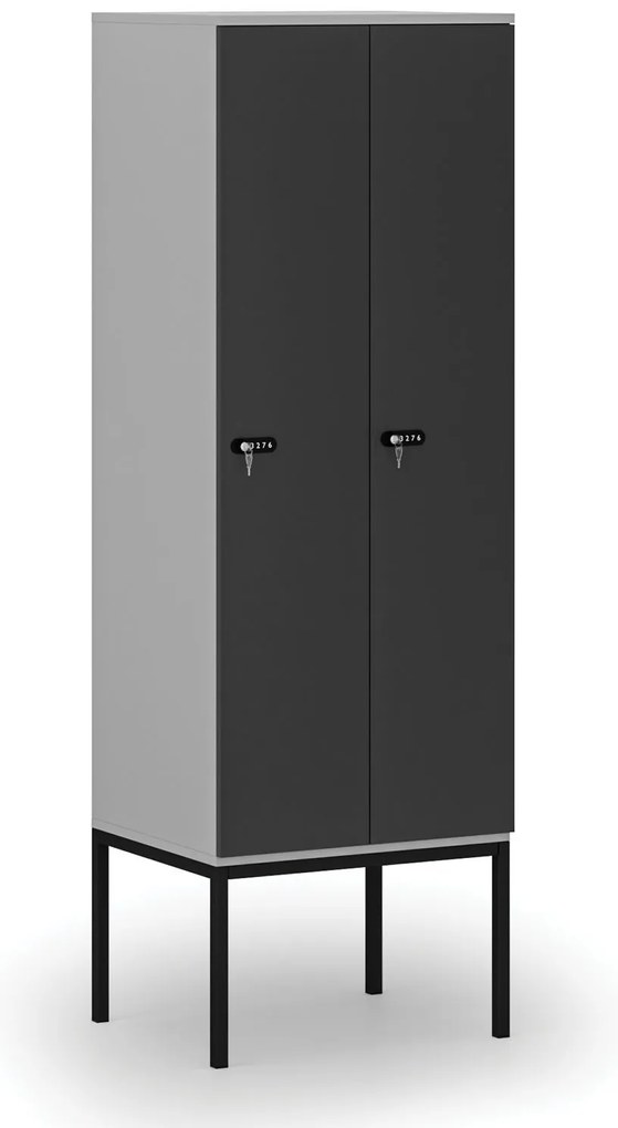 Drewniana szafa ubraniowa S4 z podstawą, 2-drzwiowa, 1871 x 600 x 500 mm, demontaż, zamek mechaniczny z kodem, szary/grafitowy