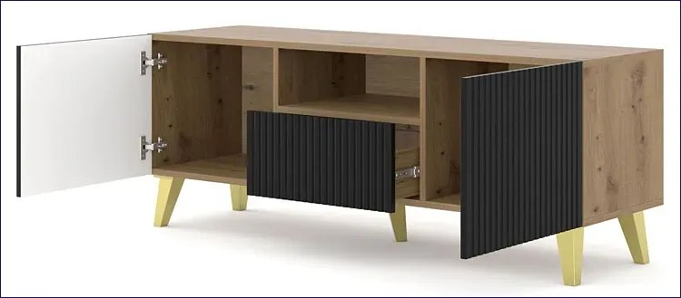 Szafka na TV dąb artisan z czarnymi lamelami D1-P35