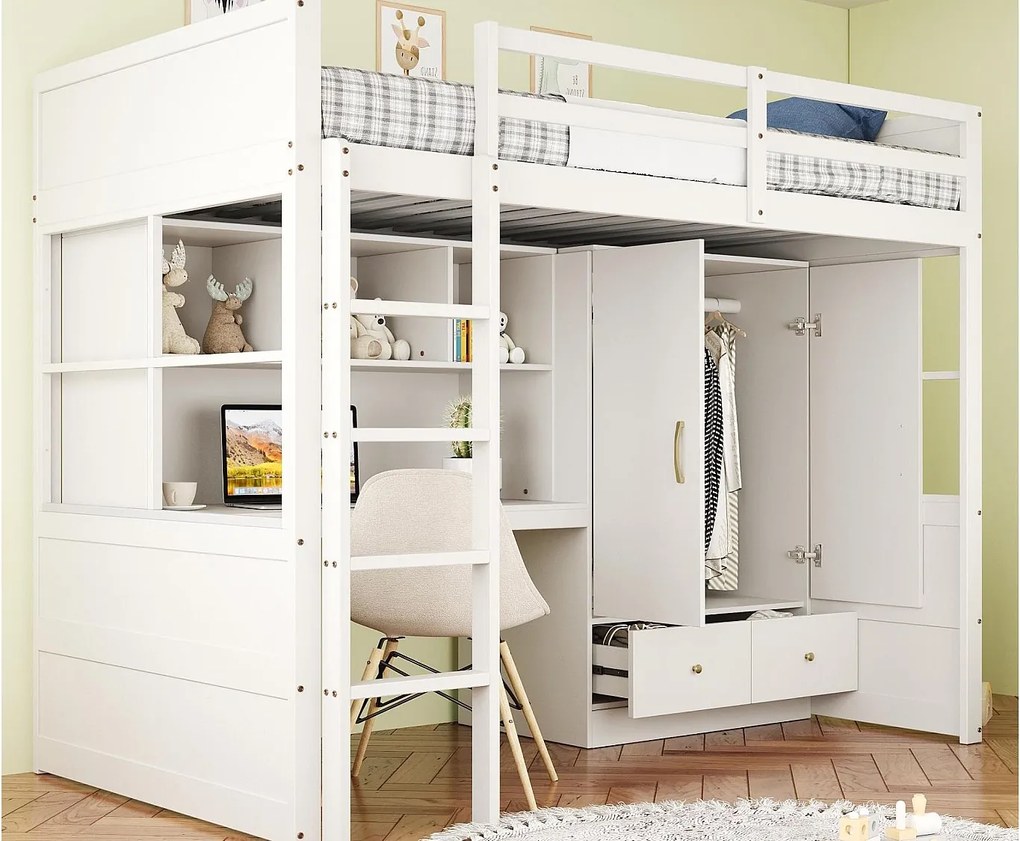 Łóżko mezzanine 90x200 cm - z drabinką - z biurkiem - z szafą - 2 szuflady - biały (materac nie jest w zestawie)