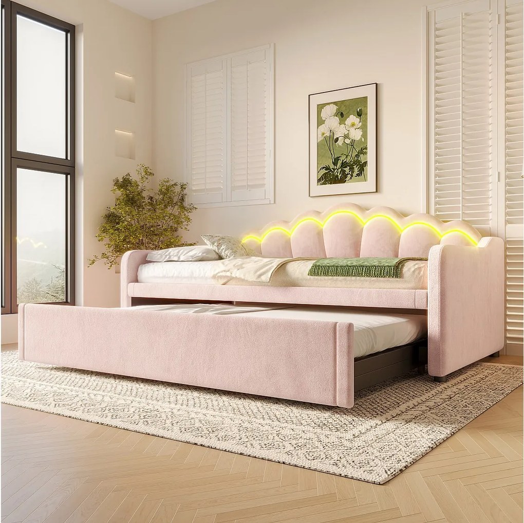 łóżko wysuwane - 90/180 x 200 cm - sofa rozkładana z LED-ami - bez materaca - aksamit + MDF - różowy