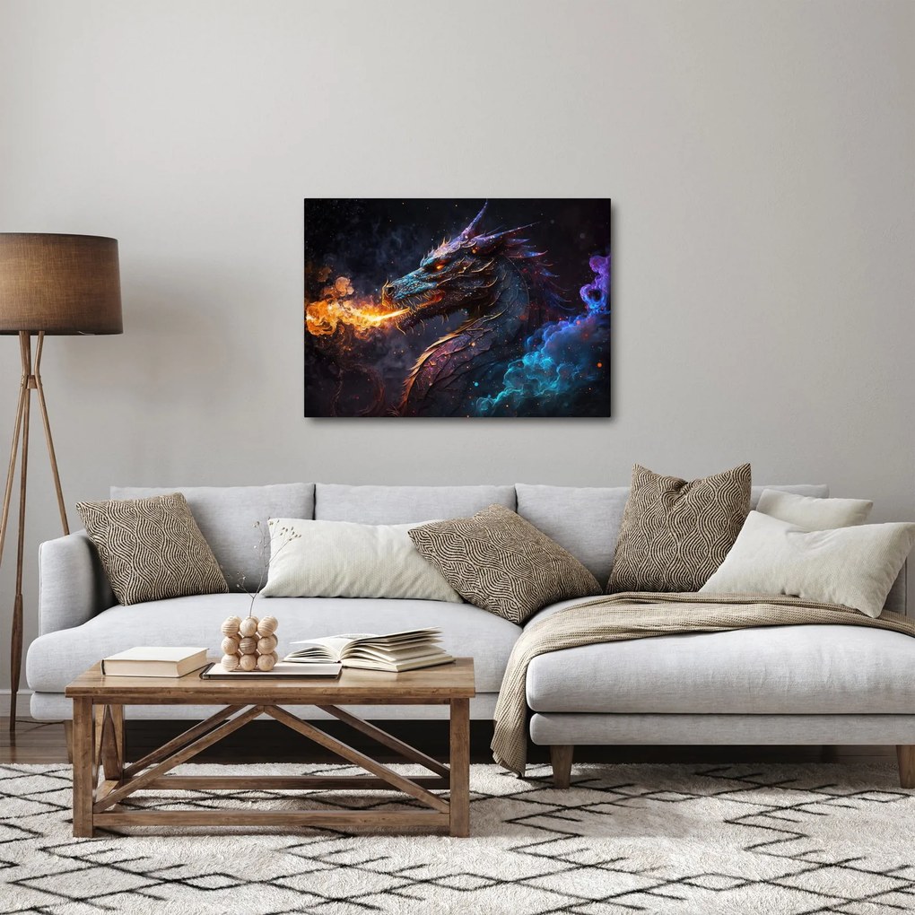 Obraz - Smok plujący płomieniami (70x50 cm)