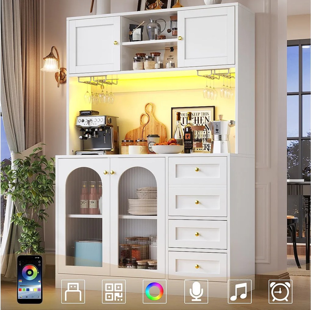 Kredens kuchenny w stylu rustykalnym - 120 x 40 x 188 cm - 4 drzwi + diody LED + półki + szuflady - MDF - biały