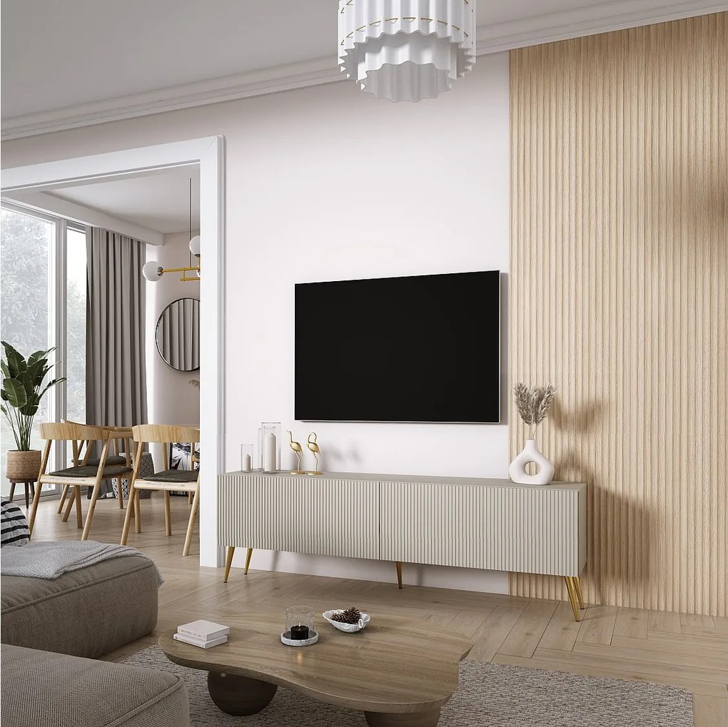 Szafka pod telewizor 170, fronty ryflowane, Kaszmir, nóżki pochyłe złote, 170 × 32 × 52 cm