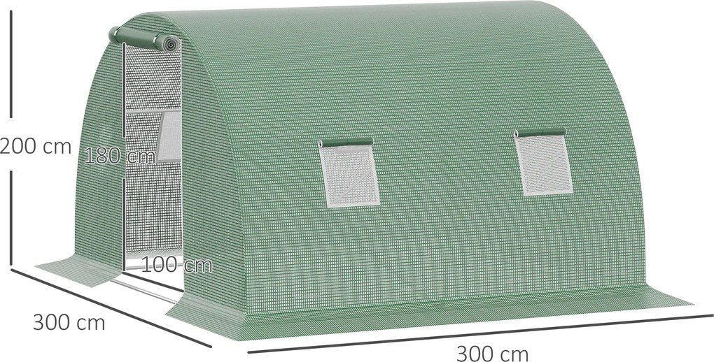 Outsunny Szklarnia Foliowa Duży Tunel Foliowy z 4 Oknami Ochrona przed Mrozem Stalowa Rama 3x3m Ciemnozielony | Aosom PL