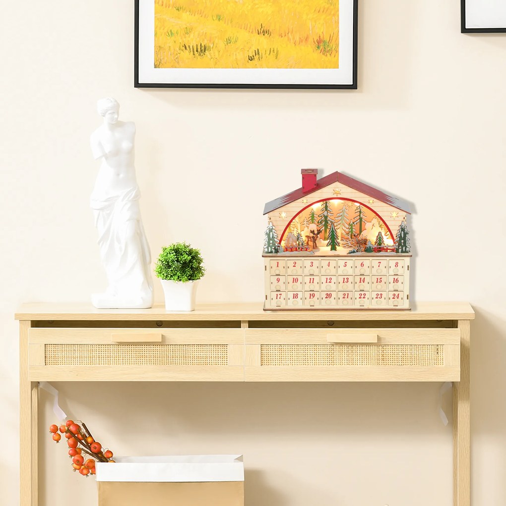 HOMCOM Kalendarz świąteczny do napełniania, 24 szufladki, przegrody z lampkami LED, naturalne drewno, 36 x 10 x 34 cm | Aosom PL
