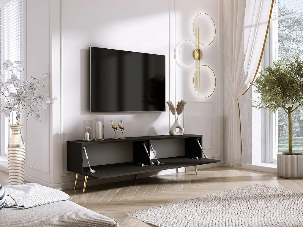 Szafka RTV: Czarna Matowa / Czarna Błyszcząca, złote nogi, 170 x 52 x 32 cm