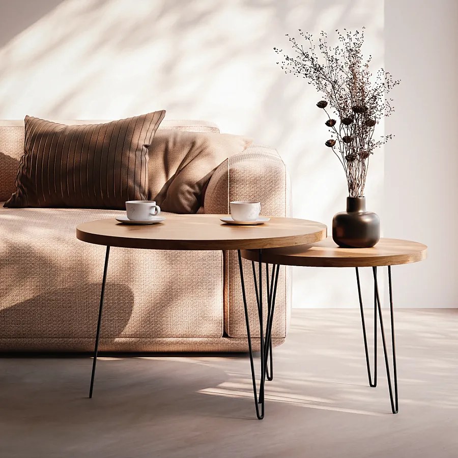 Stolik kawowy okrągły LAPP zestaw Ø50 + Ø68 cm Dąb Craft