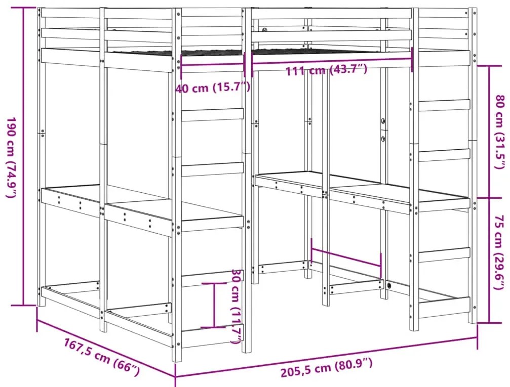 Brązowe łóżko piętrowe z biurkiem na dole 160x200 - Kortul 4X