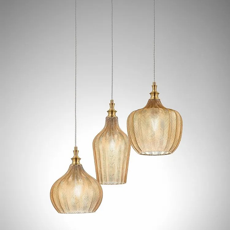 Cleofe - lampa wisząca z 3 źródłami światła, z przezroczystego bursztynowego szkła i mosiądzu - 3XE27 maks. 3X60W, dekoracyjny styl vintage, IP20