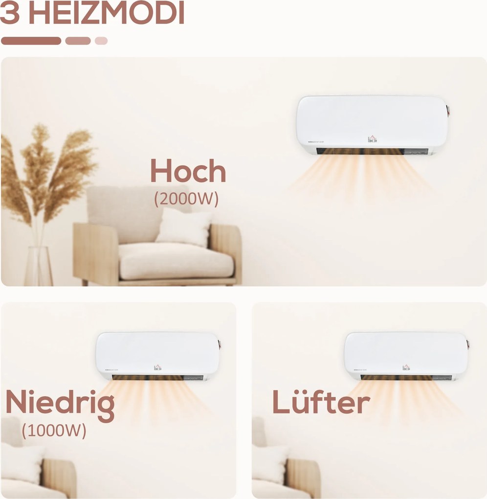HOMCOM Grzejnik ścienno-2000W z pilotem zdalnego sterowania 2 tryby grzania wyświetlacz LED timer 12h do łazienki