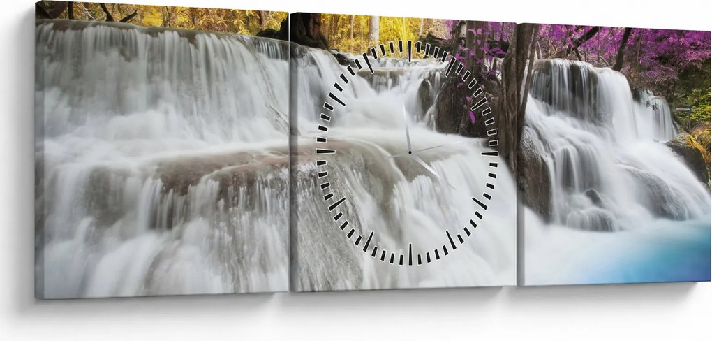 Obraz wodospadu Erawan w lesie (z zegarem) (90x30 cm)