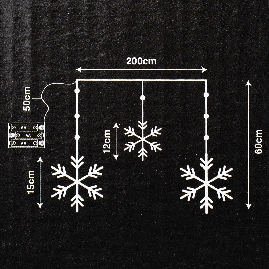 Kurtyna świetlna zewnętrzna Snowflakes, 200 x 60 cm, LED ciepła biała timer, 8 funkcji, na baterie, 200 cm