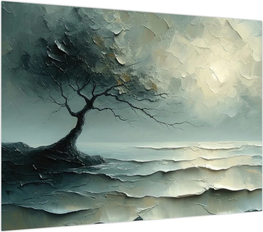 Obraz na szkle - Obraz olejny przedstawiający drzewo z oceanem (70x50 cm)