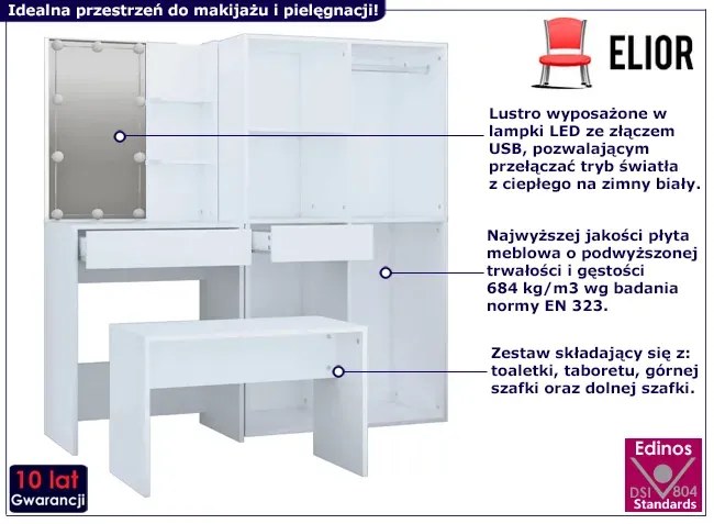 Biała nowoczesna toaletka z LED i taboretem Marajo 4X