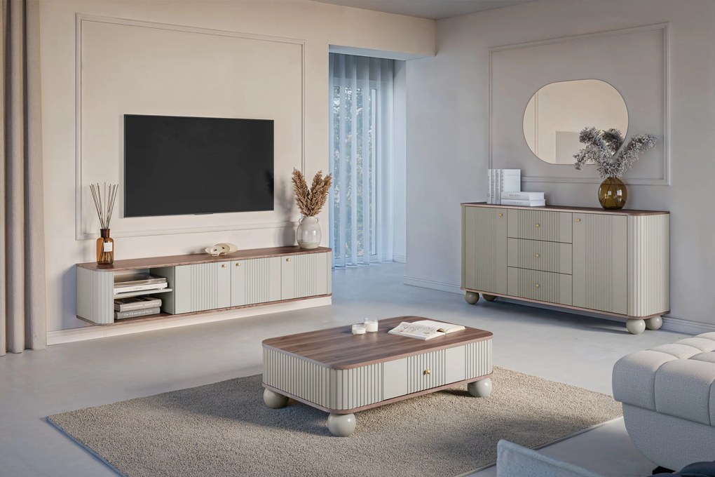 Szafka RTV wisząca Vesper 187 cm trzydrzwiowa - kaszmir / orzech / złote uchwyty