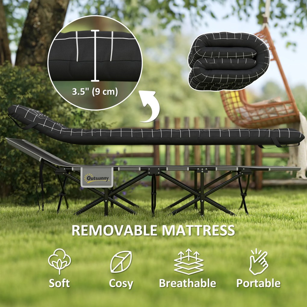 Outsunny Składane łóżko campingowe, z materacem, ergonomiczne, metalowy stelaż, Czarne