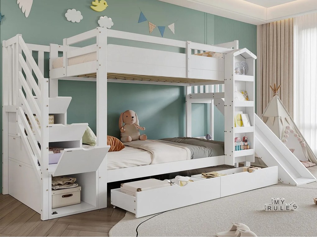 Łóżko piętrowe dla dzieci 90x200 cm - z drabiną z pojemnikami i zjeżdżalnią - z ilustrowaną biblioteczką - z 2 szufladami - biały​ (bez materaca)