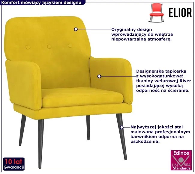 Żółty tapicerowany fotel welurowy - Rikon