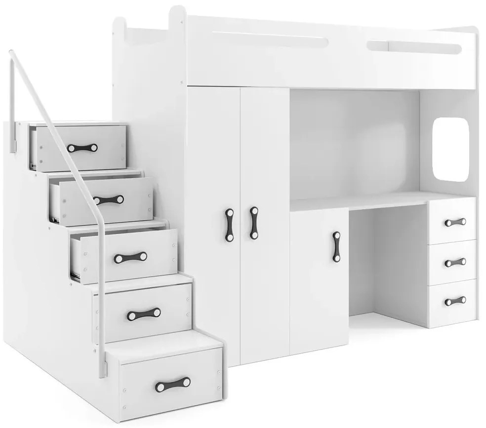 Białe dziecięce łóżko z szafą i biurkiem pod spodem S7-E43