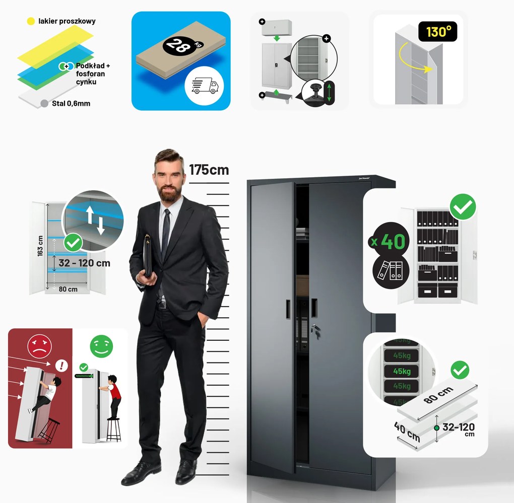 Szafa metalowa biurowa antracytowa:  JAN Compact 1750 x 800 x 400 mm