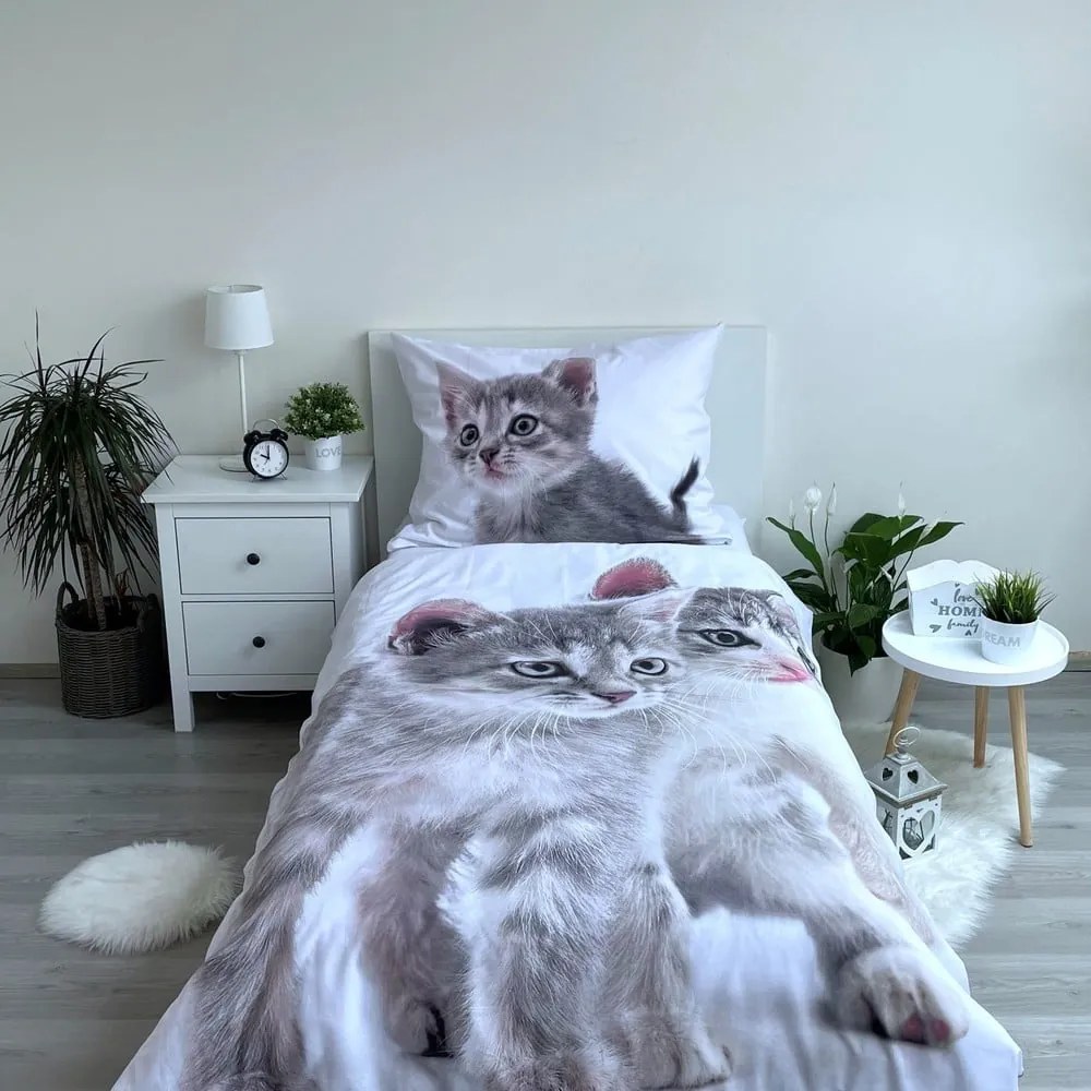 Biało-szara bawełniana pościel dziecięca jednoosobowa 140x200 cm Kitten "Grey" – Jerry Fabrics