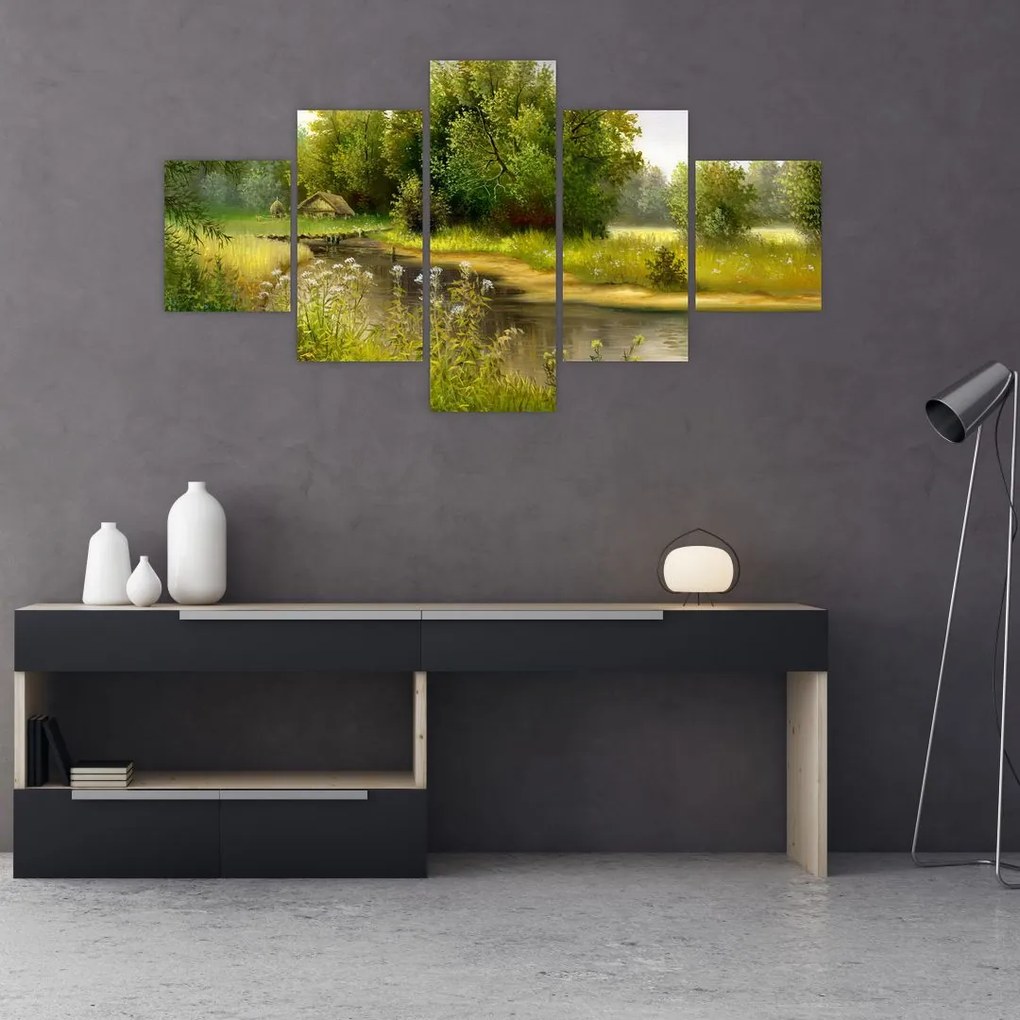 Obraz - Rzeka przy lesie, obraz olejny (125x70 cm)