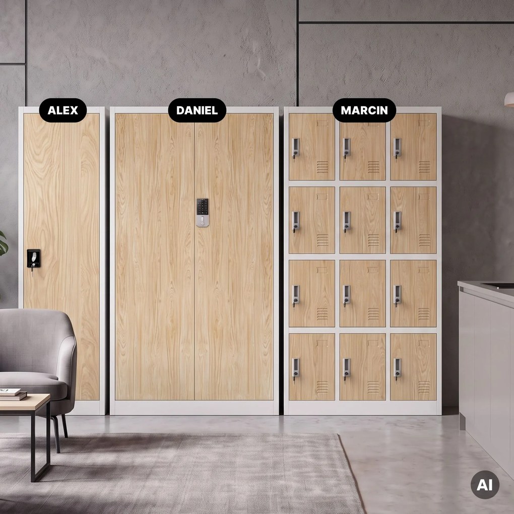 Szafa biurowa metalowa z zamkiem na szyfr biała/dąb sonoma, 900x1850x400 mm: DANIEL Eco Design