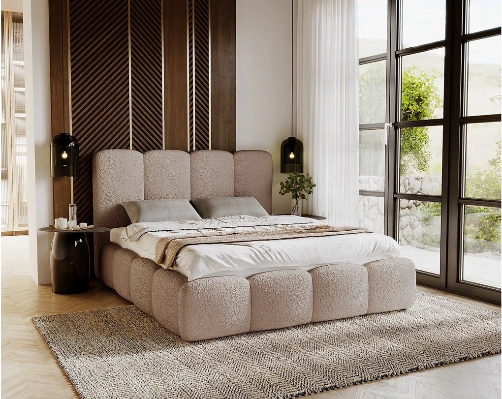 Emporius Merkad Boucle łóżko tapicerowane 140x200 - łóżko z pojemnikiem, gruba pianka, stelaż - elegancki design, tkanina boucle, brązowy (Anthology 4)