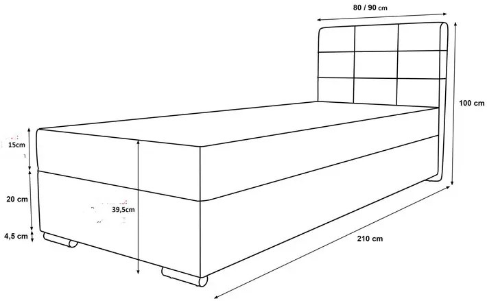 Welurowe łóżko z pionowo pikowanym zagłówkiem 90x200 Sahar