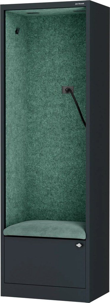 Kabina akustyczna SALLY MentalBox 600 mm – antracytowy korpus, zielone siedzisko