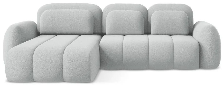 Jasnoszary rozkładany narożnik z materiału bouclé ze schowkiem (lewostronny/z szezlongiem) Pele – Makamii