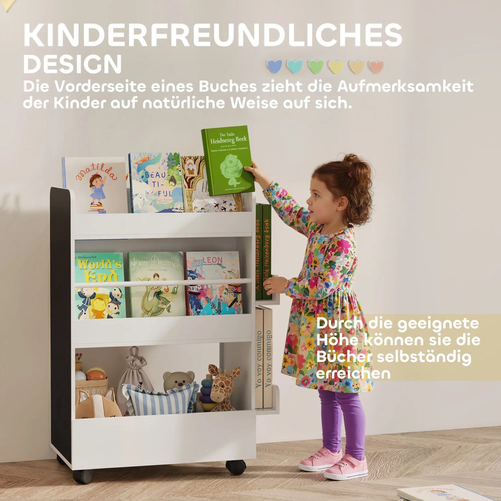 AIYAPLAY Regał na książki dla dzieci z 4 półkami, dolnym schowkiem, 2 bocznymi sekcjami, tablicą, kółkami, dla 3–8 lat, 66,5x32,5x86,5 cm Biały | Aosom PL