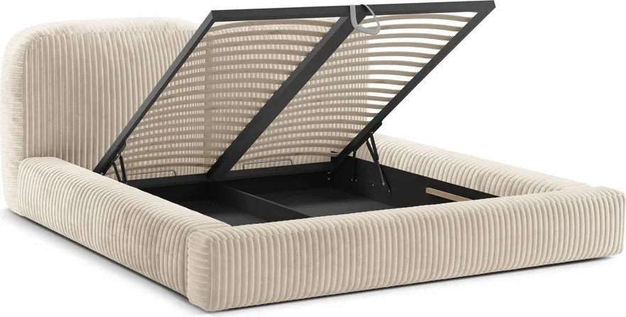 Beżowe tapicerowane łóżko dwuosobowe ze schowkiem ze stelażem 160x200 cm Martina – Micadoni