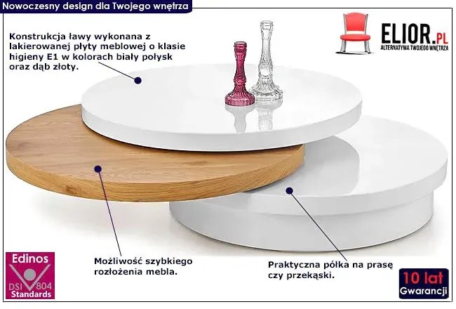 Rozkładana ława okrągła biały połysk + dąb - Plati