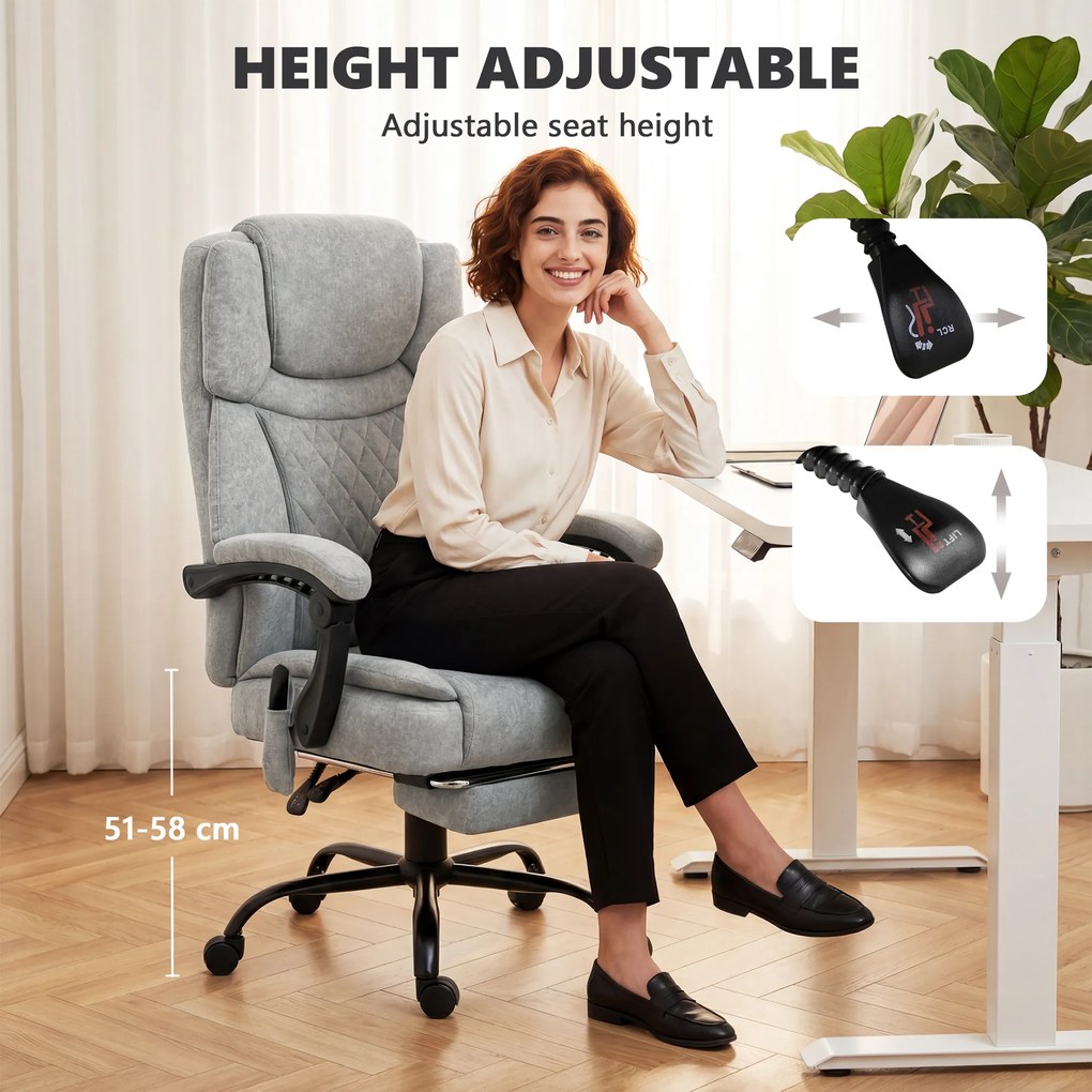 HOMCOM Fotel biurowy z wysokim oparciem, masażem wibracyjnym, funkcją podgrzewania, regulowanym oparciem, podnóżkiem, pilotem, szary | Aosom PL