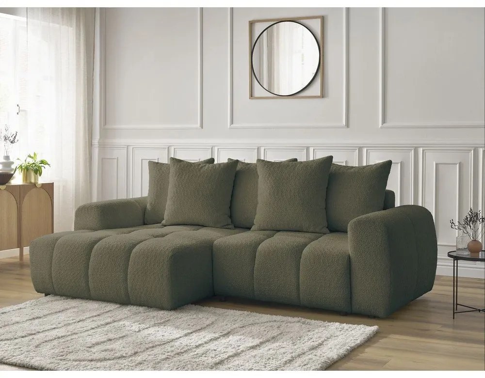 Rozkładany/ze schowkiem narożnik z materiału bouclé (lewostronny/z szezlongiem) w kolorze khaki Roxelane – Bobochic Paris