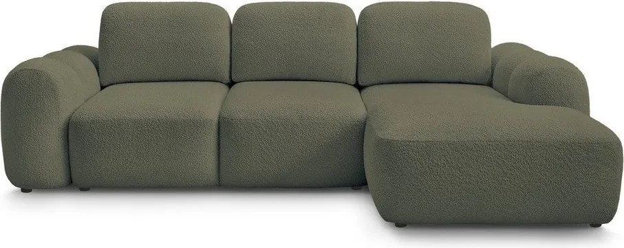 Zielony rozkładany/ze schowkiem narożnik z materiału bouclé (prawostronny/z szezlongiem) Montaigne – Bobochic Paris
