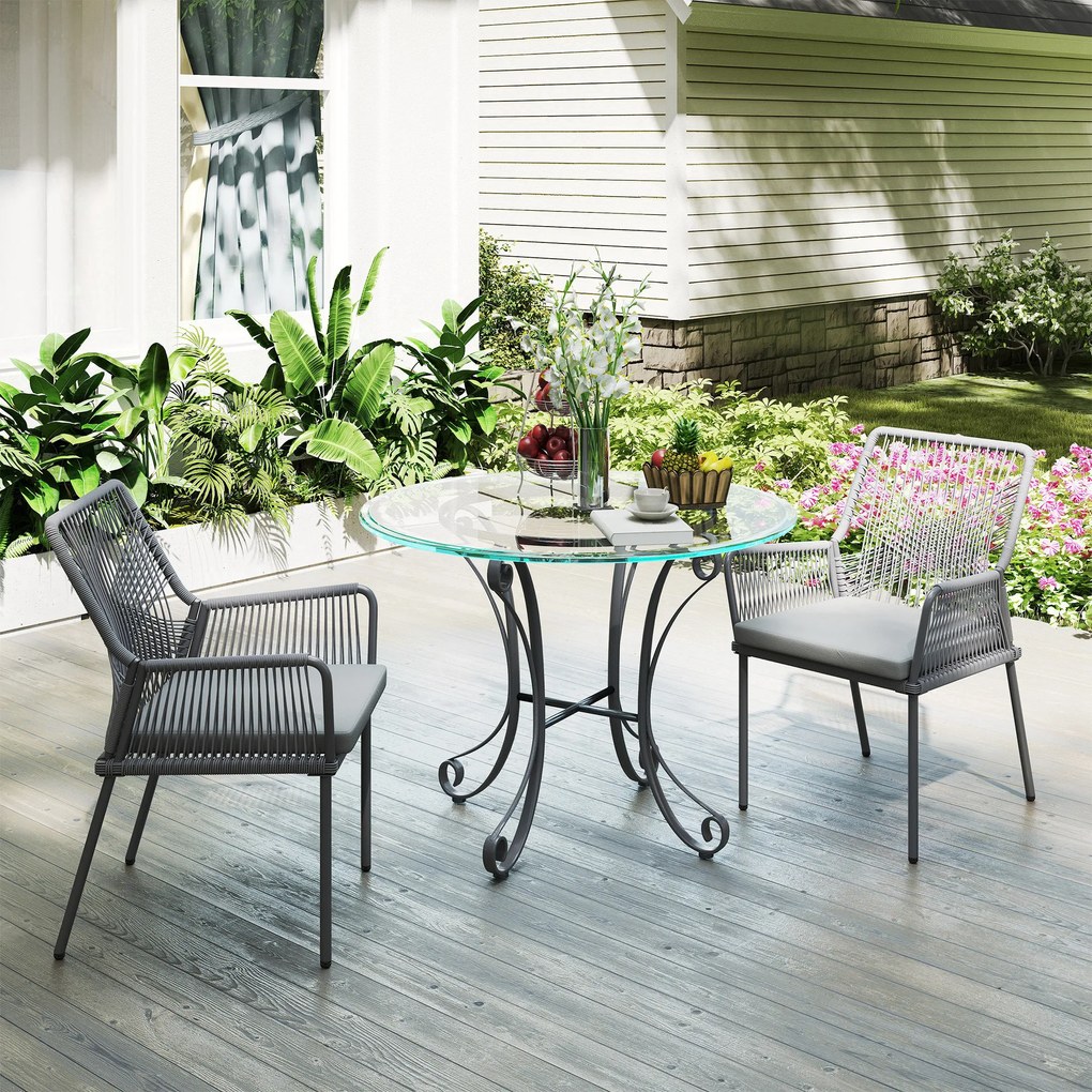 Outsunny Zestaw 2 Krzeseł Ogrodowych, Krzesła Tarasowe, Zdejmowane Poduszki, Oparcie, Podłokietniki, Stal, Rattan, Ciemnoszary