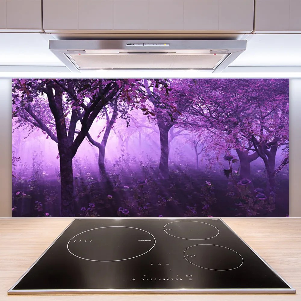 Szkło do Kuchni na Ścianę Sylwetki Drzew o Zmierzchu