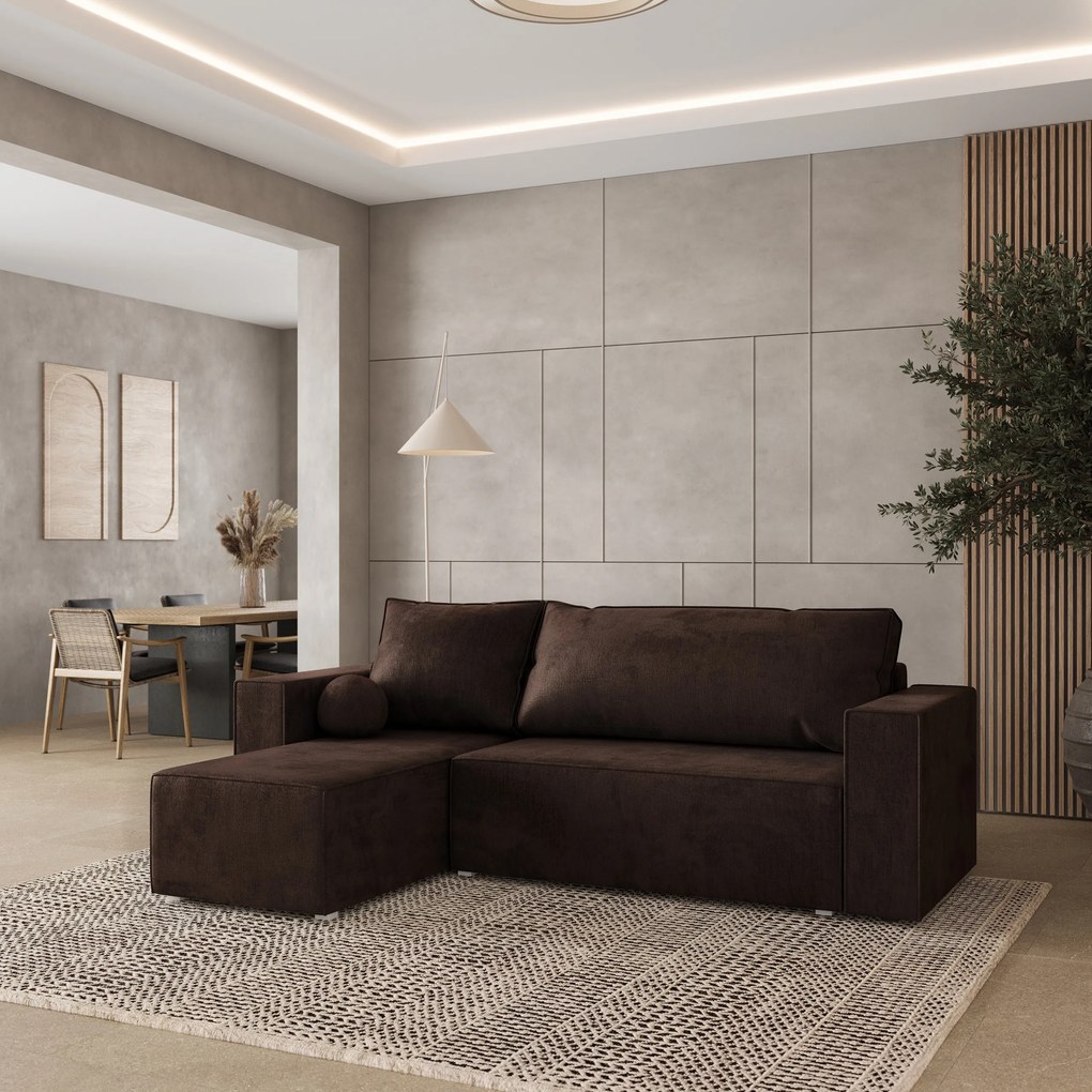 Masseno Narożnik RAVELO z funkcją spania i pojemnikiem na pościel Narozniki L, Rozkładana sofa - Brązowy, MONOLITH 29