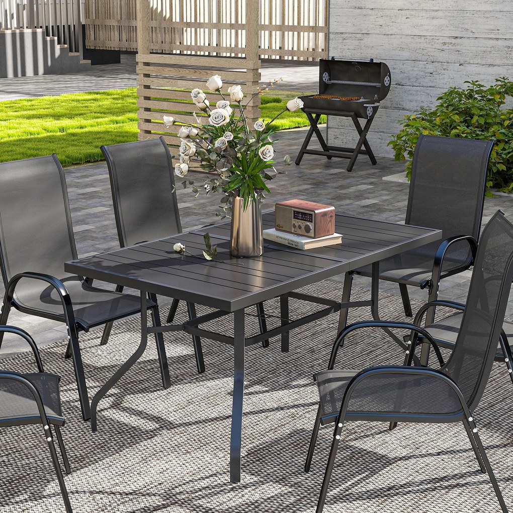 Outsunny Stół Ogrodowy 152x90 cm, Stół Balkonowy Odporny na Warunki Pogodowe, z Otworem na Parasol, Design z Lamelami, Czarny