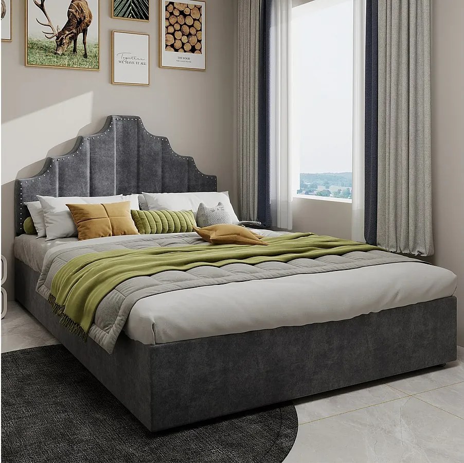 Łóżko z pojemnikiem 140 x 200 cm - Łóżko dla dorosłych z miękkim zagłówkiem i pojemnikiem - szary aksamit holenderski - materac nie jest wliczony w cenę