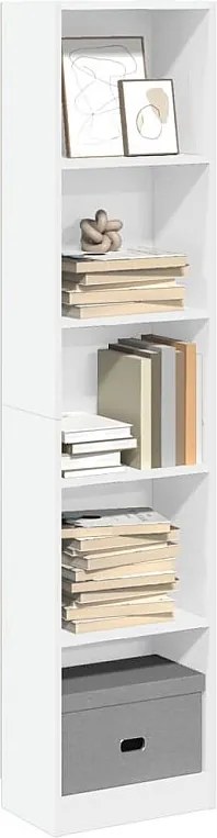 Biała biblioteczka 40x24x176 cm z drewna inżynieryjnego, otwarte półki, pojemne i odporne na wilgoć