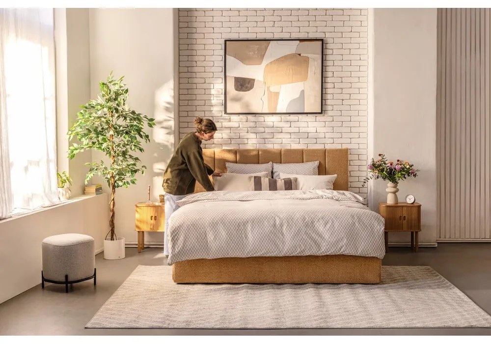 Tapicerowane łóżko dwuosobowe z miejscem do przechowywania z materacem i siatką 180x200 cm w kolorze musztardowym Thessa Bold Line - Bonami Selection