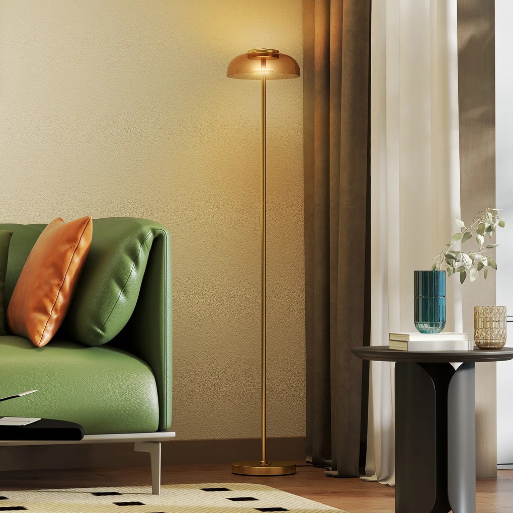 HOMCOM LED Lampa stojąca do salonu, lampa podłogowa z ciepłym światłem 3000 K, włącznik nożny, 25 x 25 x 134 cm, mosiądz