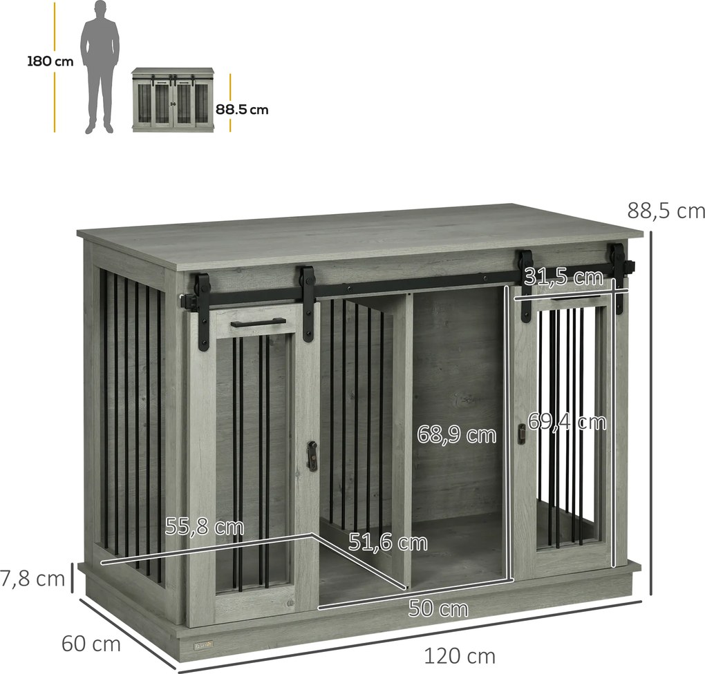 PawHut Klatka dla psów z 2 drzwiami, transporter dla psów, wytrzymały design, zamykana, Szary