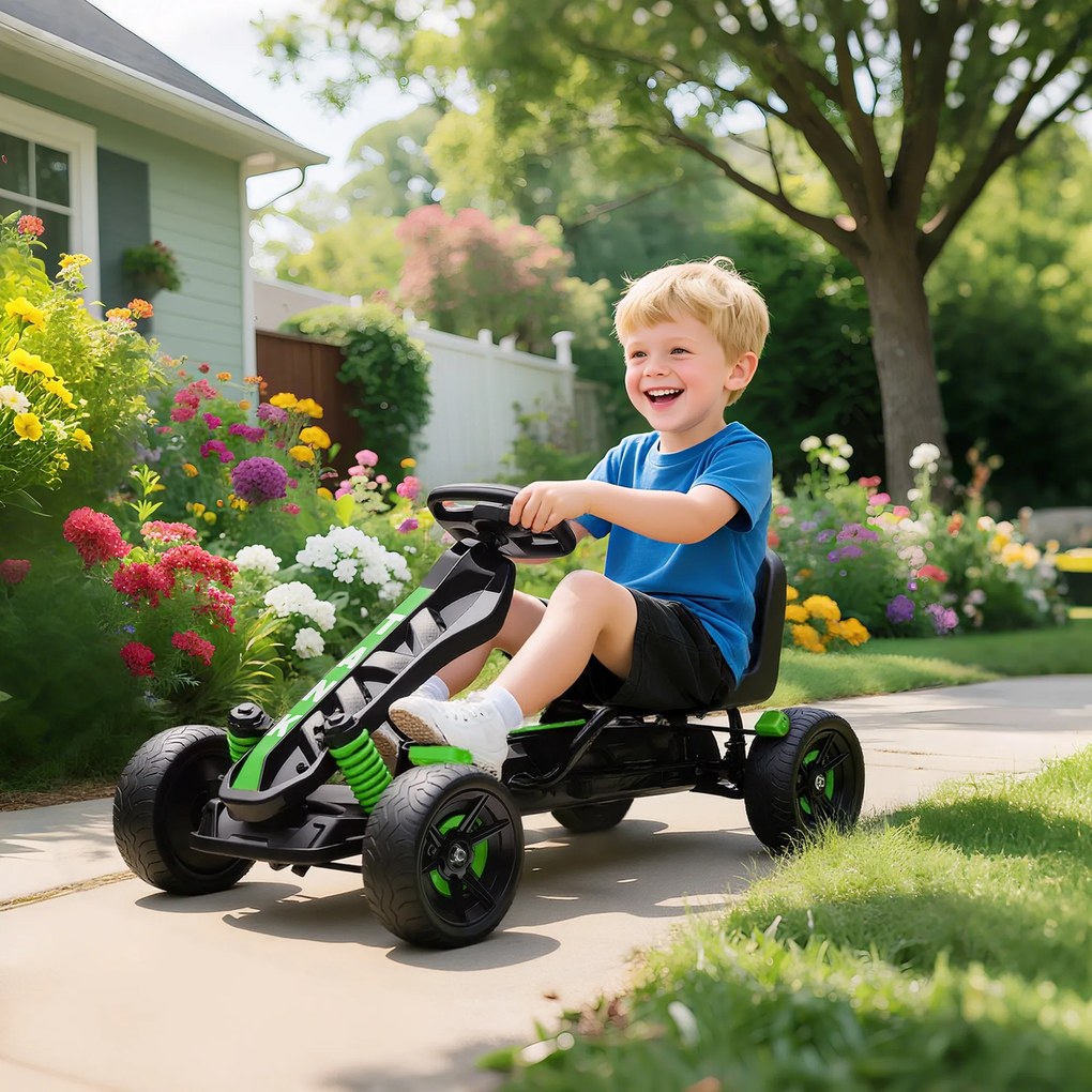 AIYAPLAY Gokart z pedałami, samochodzik na pedały dla dzieci z hamulcem, antypoślizgowe koła, metalowa rama, 3-6 lat, zielony | Aosom PL