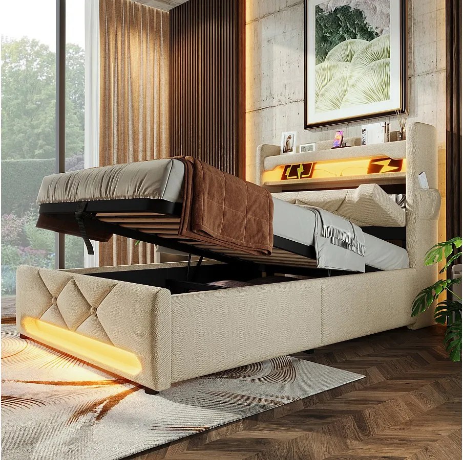 Łóżko tapicerowane pojedyncze ze schowkiem - 90 x 200 cm - 360° LED + Zagłówek z USB i Type-C - tkanina lniana - beż